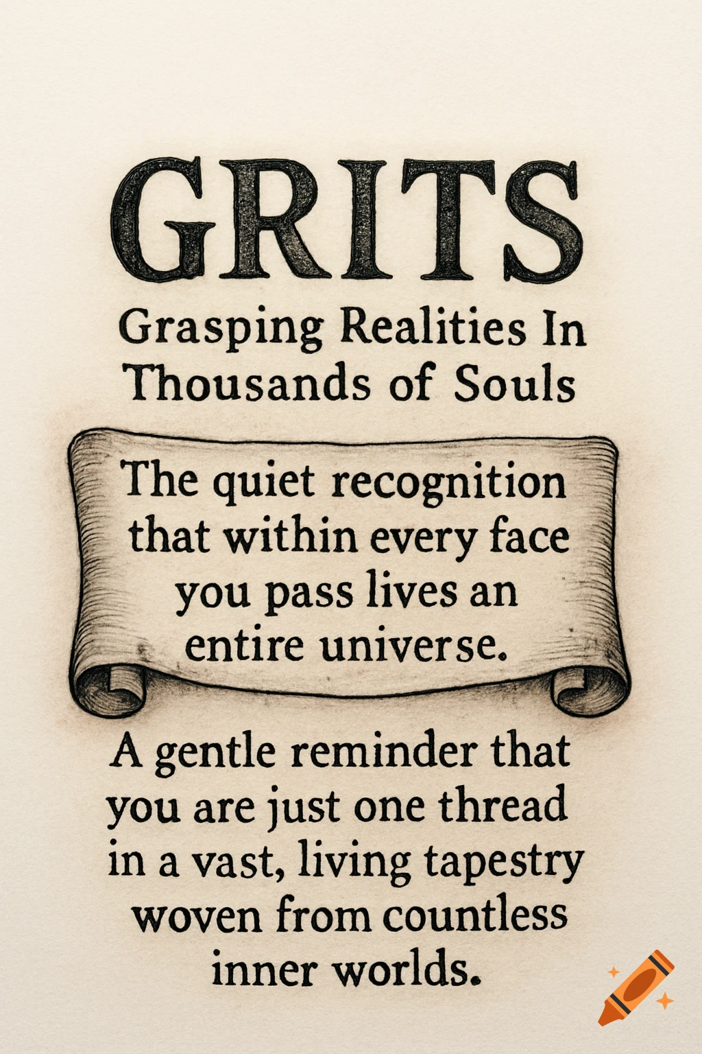 Illustration of the word GRITS, its acronym "Grasping Realities In Thousands of Souls", and a definition about human connection on a scroll.