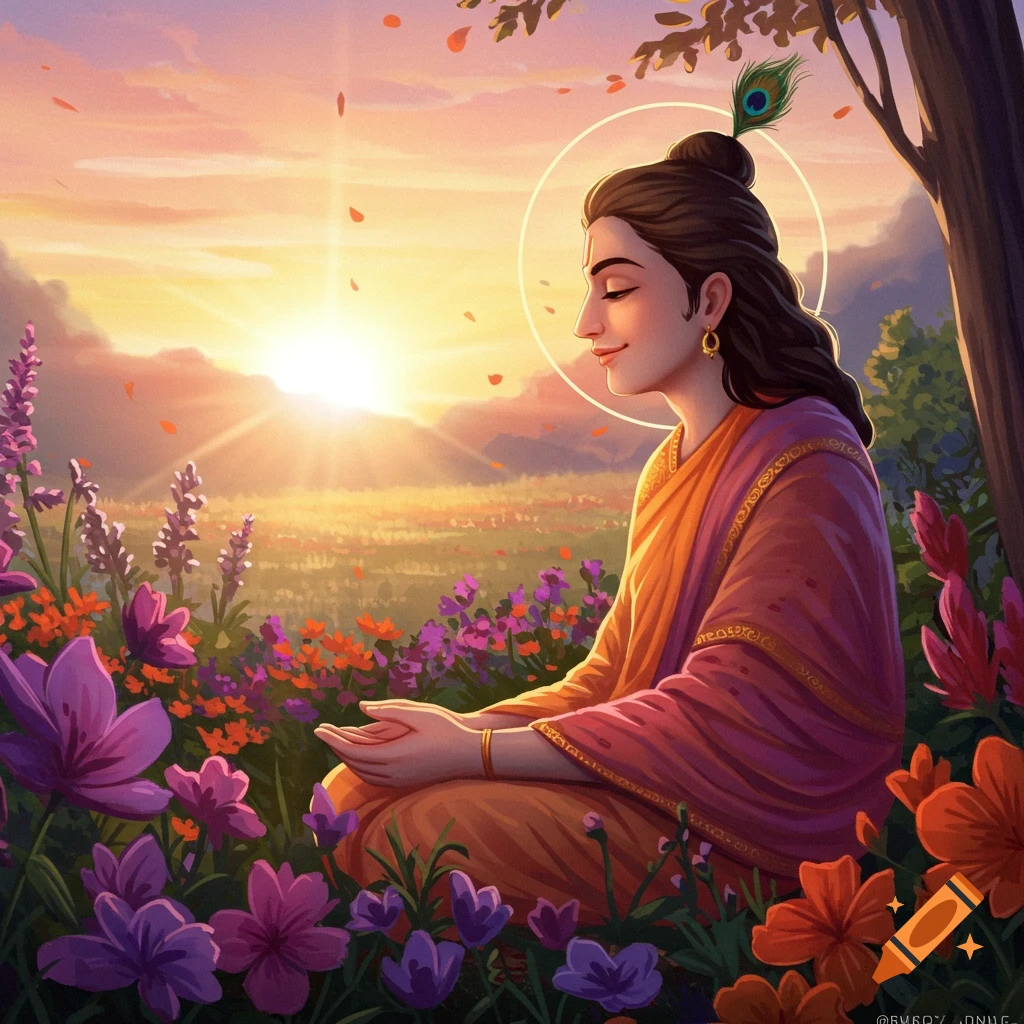 A serene spiritual figure meditates in a vibrant field of colorful flowers at sunset, with a halo and peacock feather.