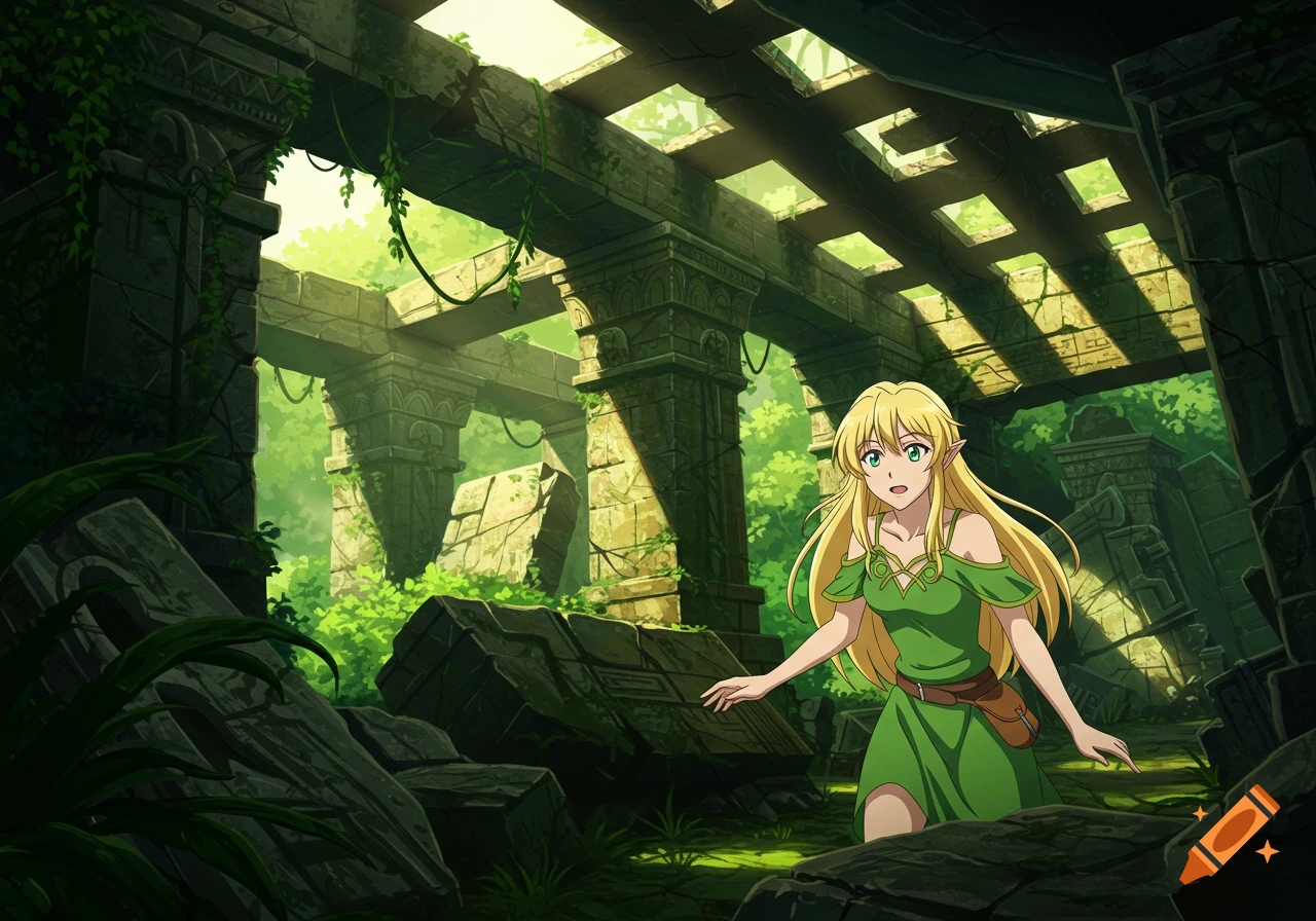 An anime elf woman with long blonde hair and a green dress explores ancient ruins with sunlight filtering through. Cell-shaded style.