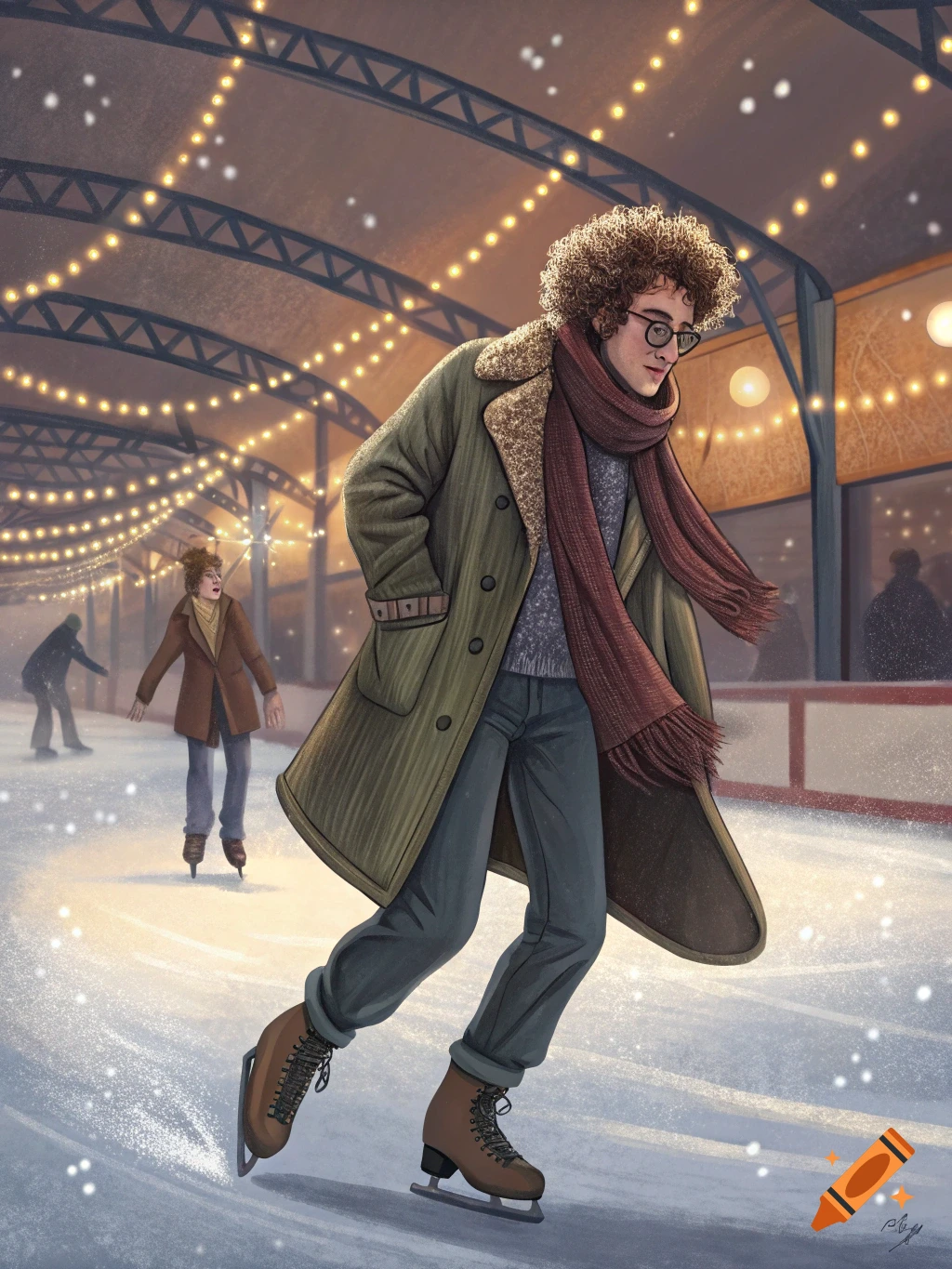 An illustrated person with curly hair and glasses ice skating at an indoor rink lit with string lights.