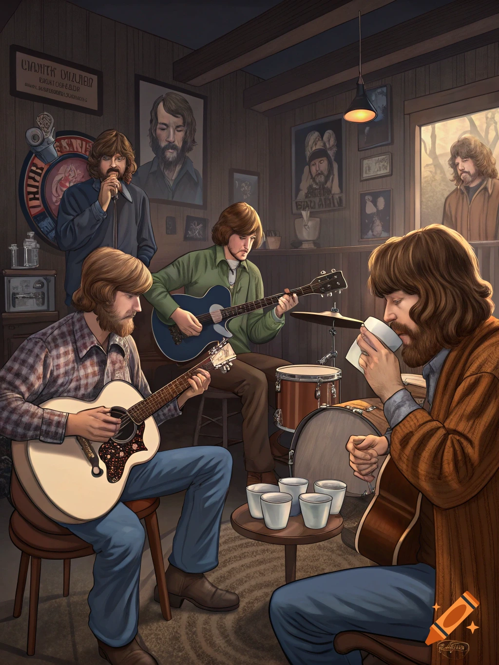 Four men with long hair and beards playing guitars and drums in a rustic room while drinking coffee.