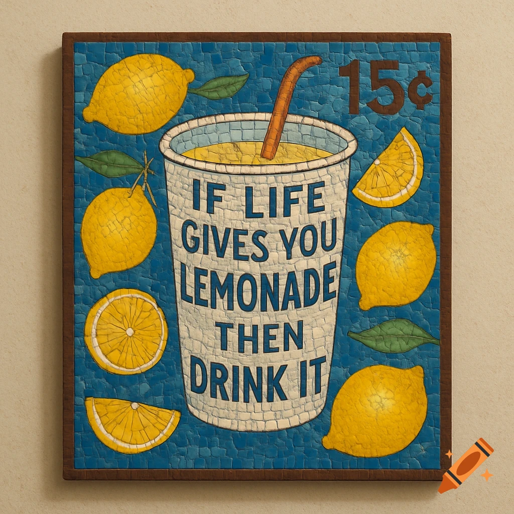A mosaic art piece featuring a cup of lemonade with the text 'If life gives you lemonade, then drink it.' surrounded by lemons and a '15 ¢' price, hanging on a wall.