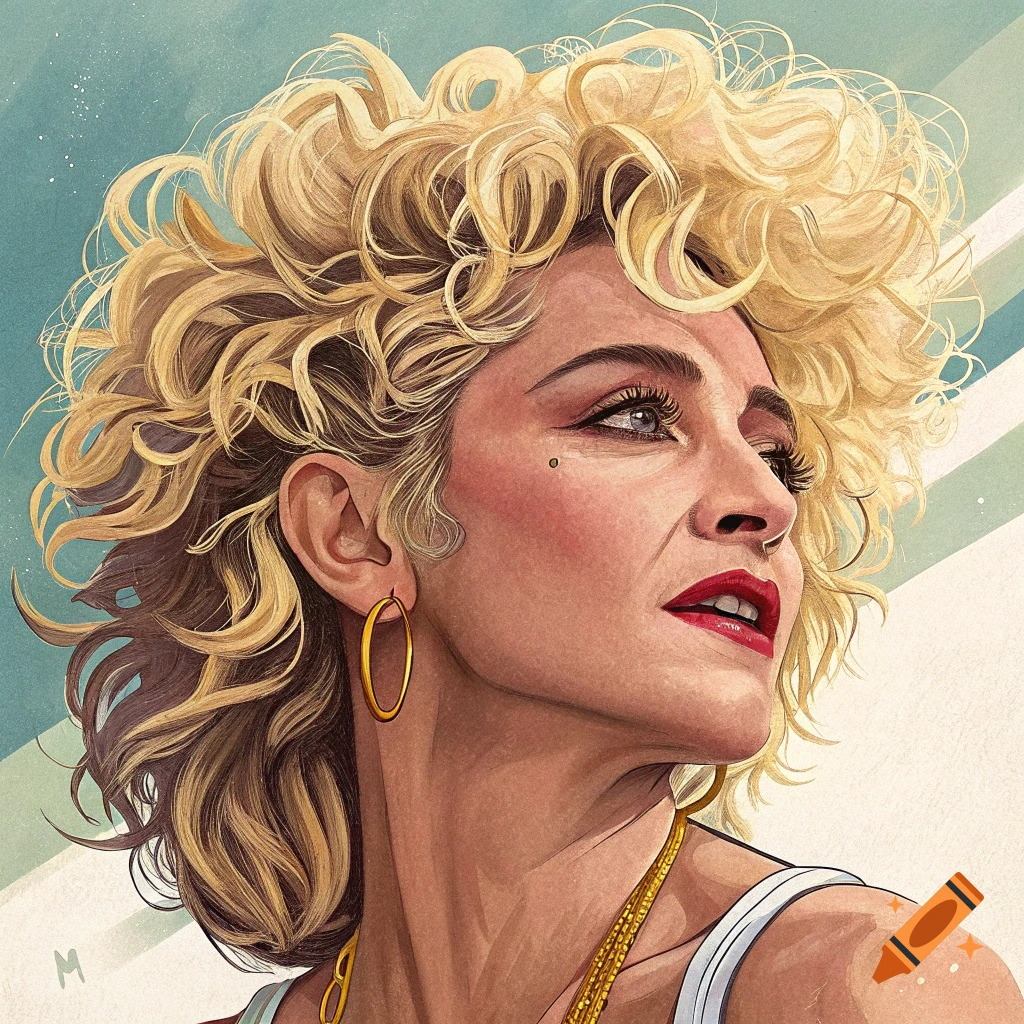 Illustration of a woman resembling 80s Madonna with voluminous blonde curly hair, red lipstick, and gold earrings.