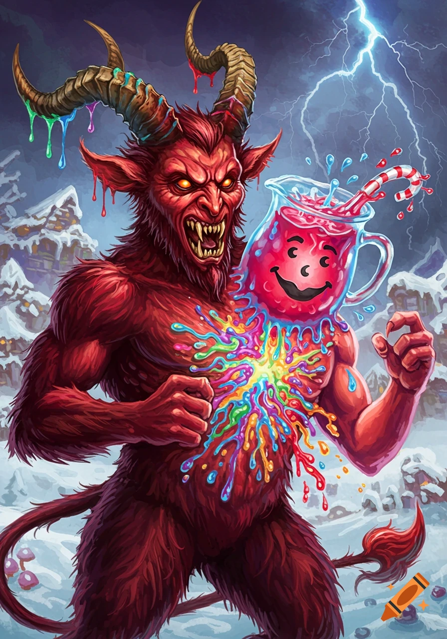A vibrant illustration of a red, horned Krampus with a Kool-Aid Man pitcher exploding in rainbow liquid from his chest, set against a snowy, stormy background.