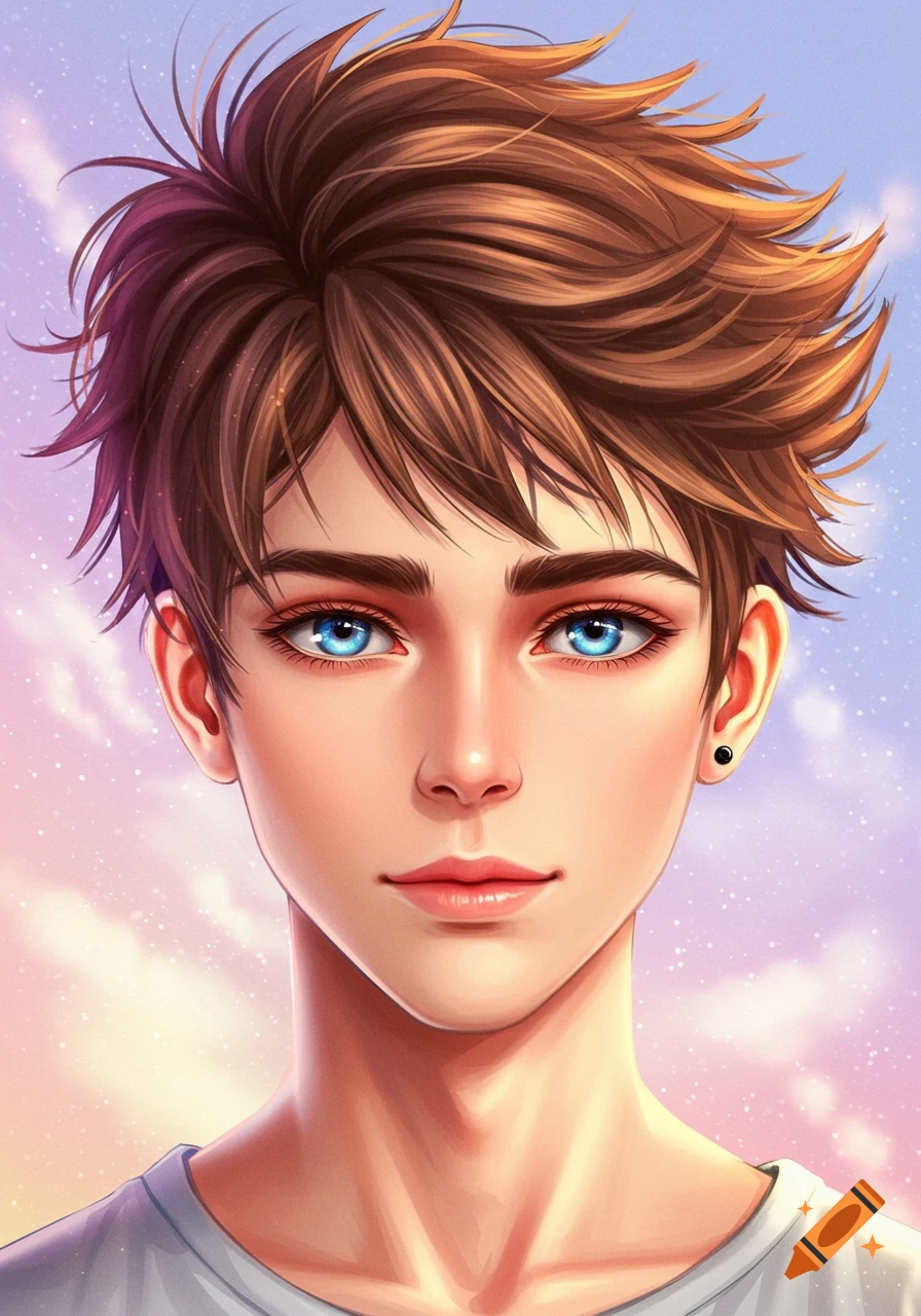 Vibrant anime portrait of a boy with messy brown hair and piercing blue eyes against a pastel sky.