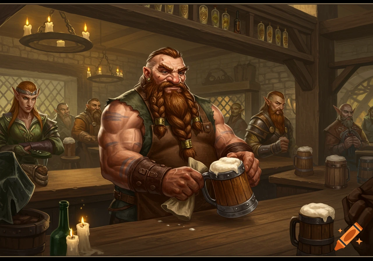 A muscular dwarf bartender with a braided beard wipes a full mug of beer in a bustling fantasy tavern with other patrons and elves.