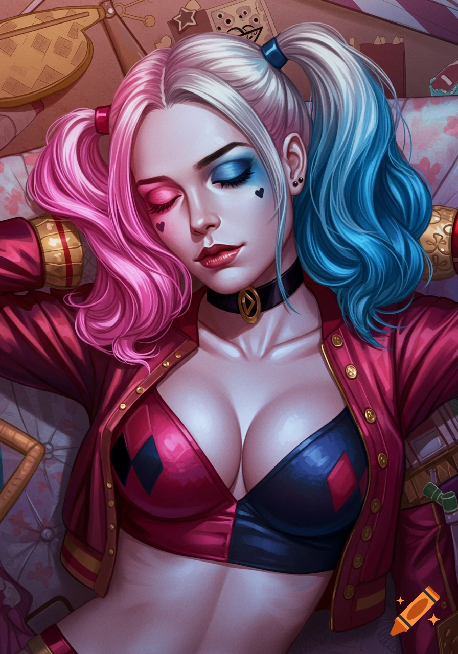 Illustrated portrait of a woman resembling Harley Quinn, with pink and blue pigtails, lying down in her costume with eyes closed.