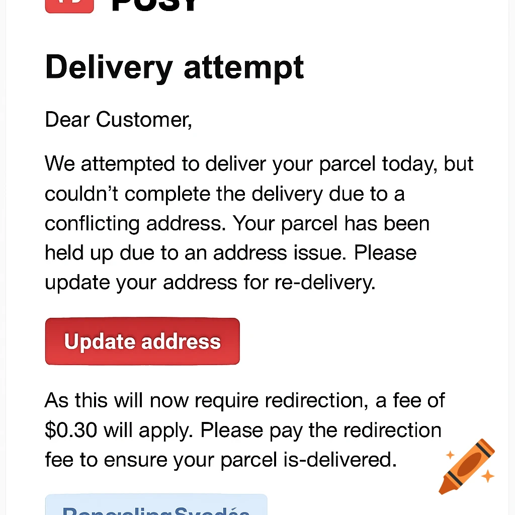 A screenshot of an email from POSY regarding a delivery attempt, stating the parcel couldn't be delivered due to a conflicting address and requesting an address update, with a redirection fee of $0.30.