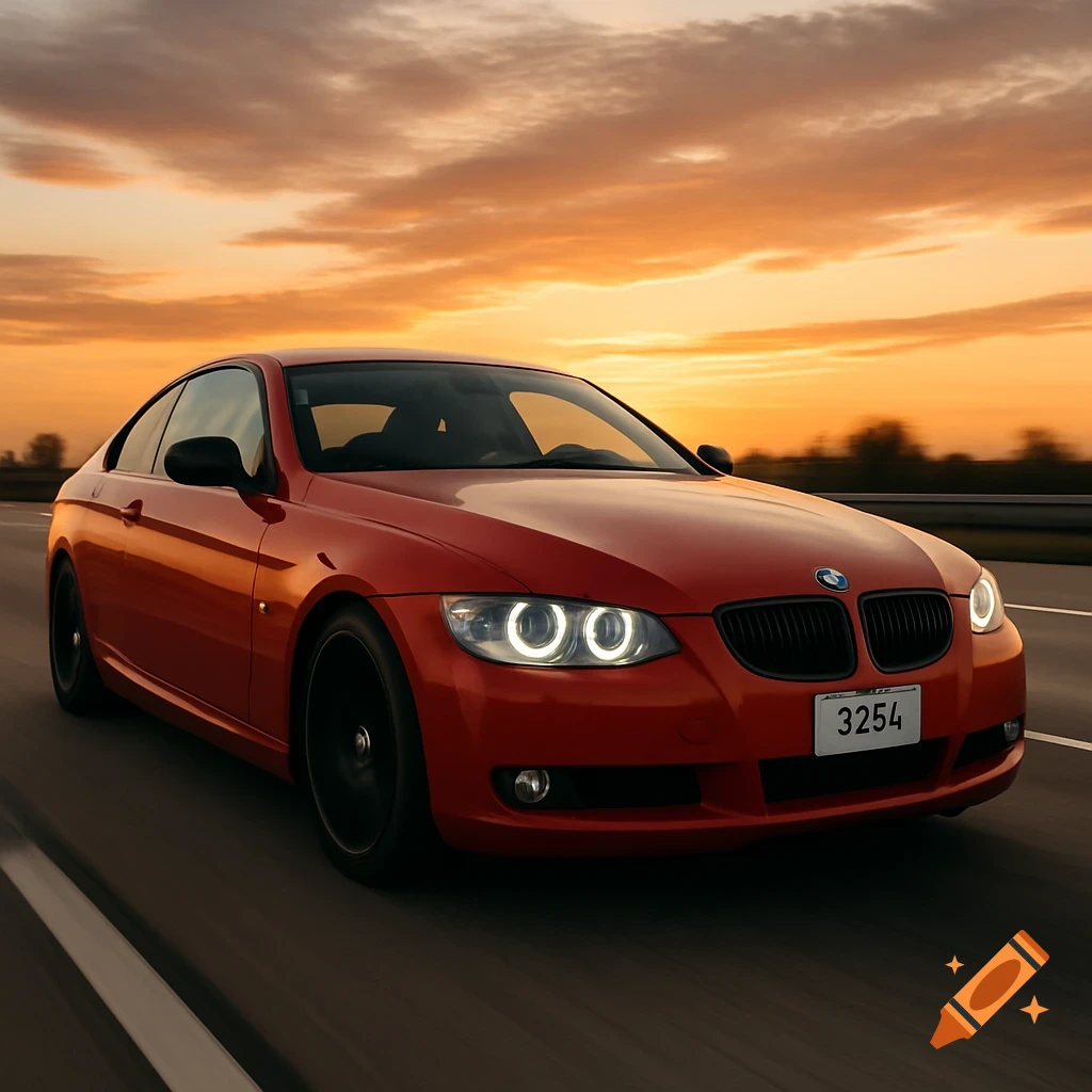 A red BMW car speeding down a highway at sunset, photorealistic.