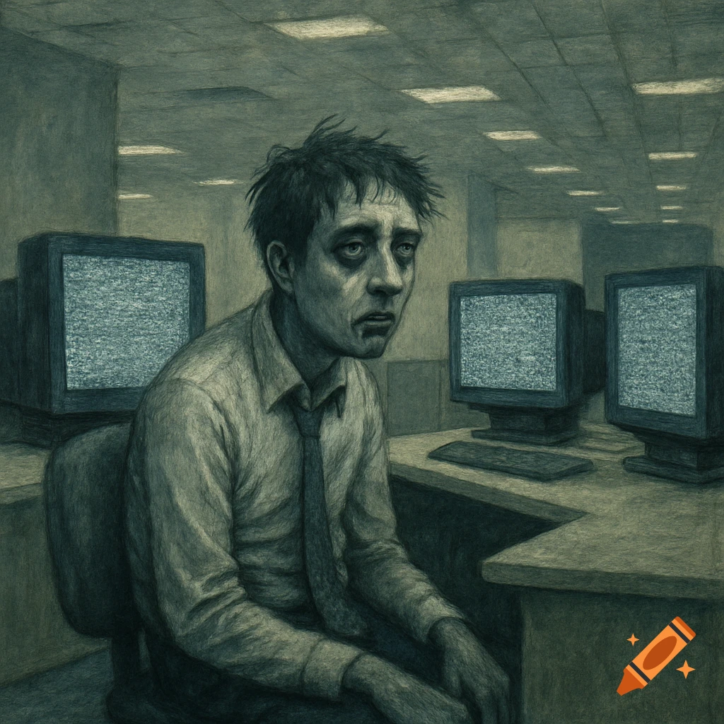A grim, illustrative depiction of a depressed man in a shirt and tie, sitting in a dark office with static-filled computer monitors.