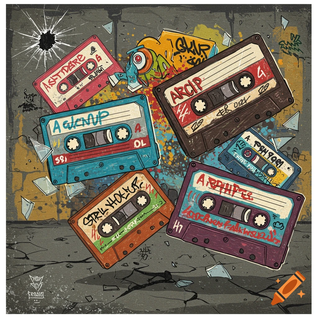 A vibrant retro illustration of hip hop cassette tapes scattered on a cracked, graffiti-splattered concrete surface, with broken glass and paint splatters.