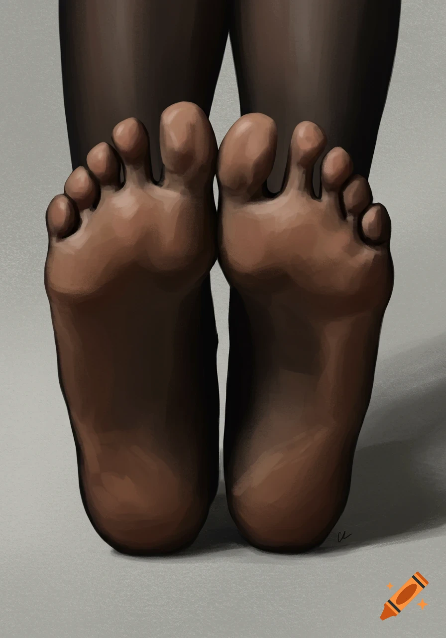 Digital painting of two bare feet with dark skin, soles facing forward, wearing black tights.