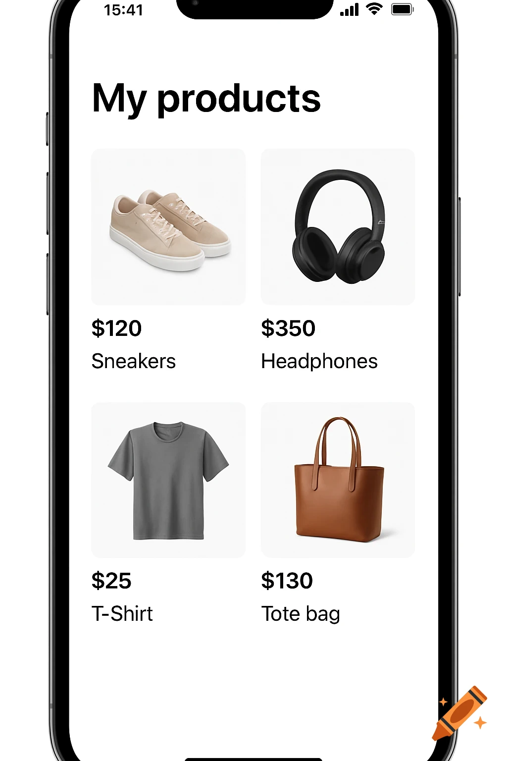 An iPhone screen displaying an e-commerce app interface titled 'My products', showcasing sneakers, headphones, a t-shirt, and a tote bag with prices.
