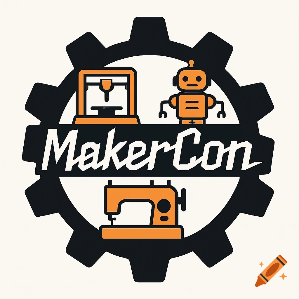 A logo featuring a black gear with orange outlines of a 3D printer, robot, and sewing machine, and the word 'MakerCon' in white.