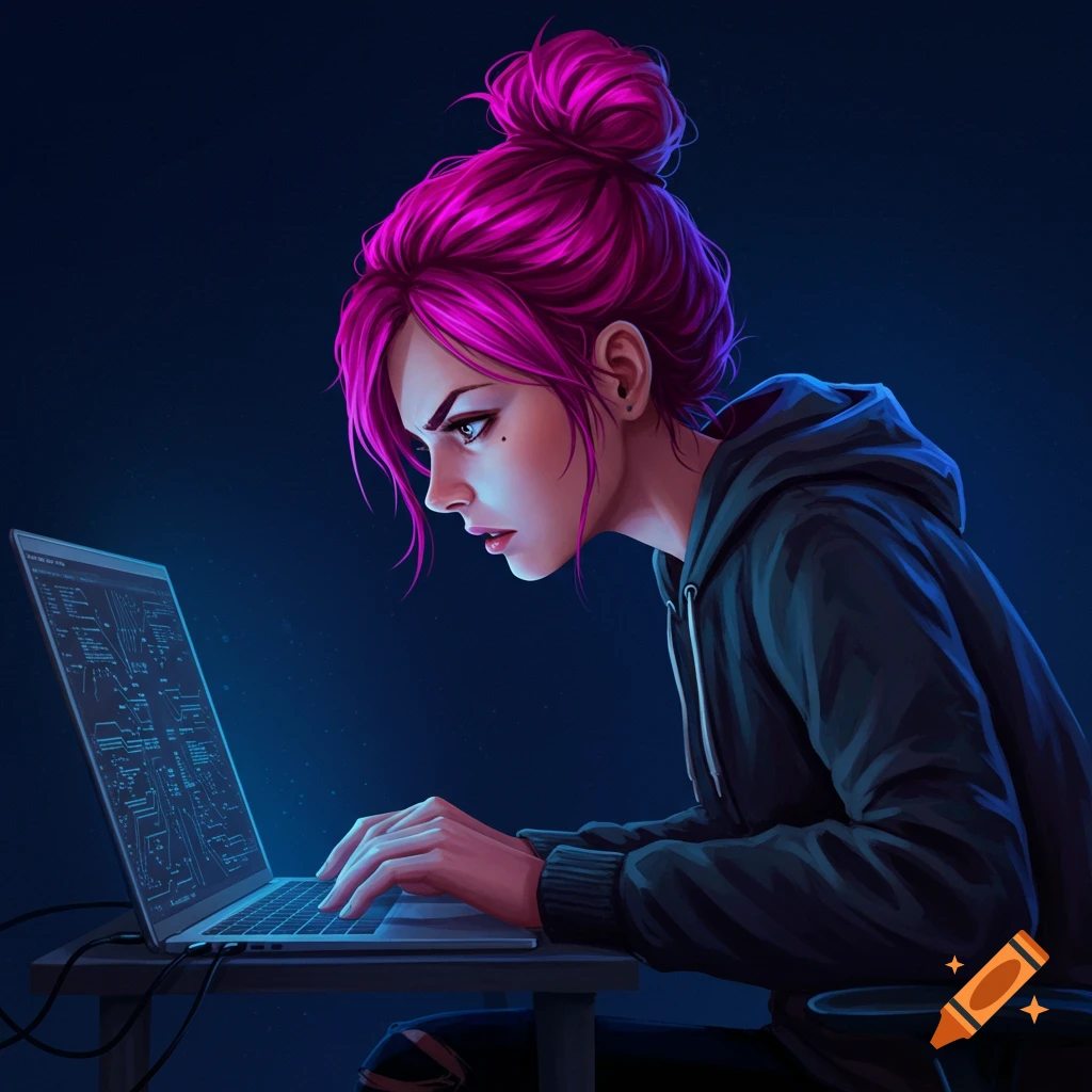 A stylized digital illustration of a woman with vibrant pink hair in a bun, wearing a dark hoodie, intently typing on a glowing laptop in a dark room.