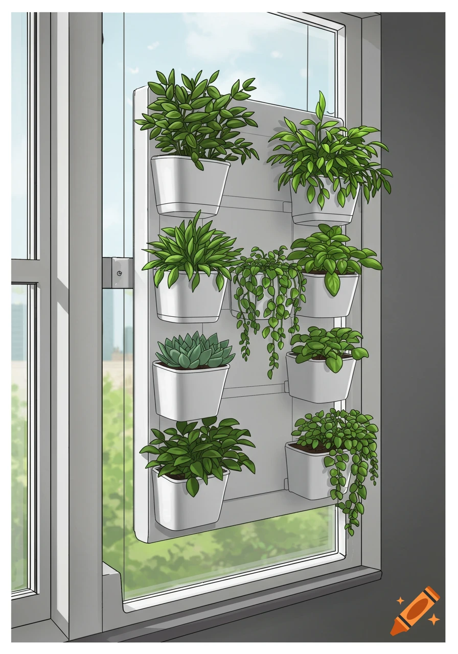 An illustration of a vertical garden with multiple green plants in white pots hanging on a window.