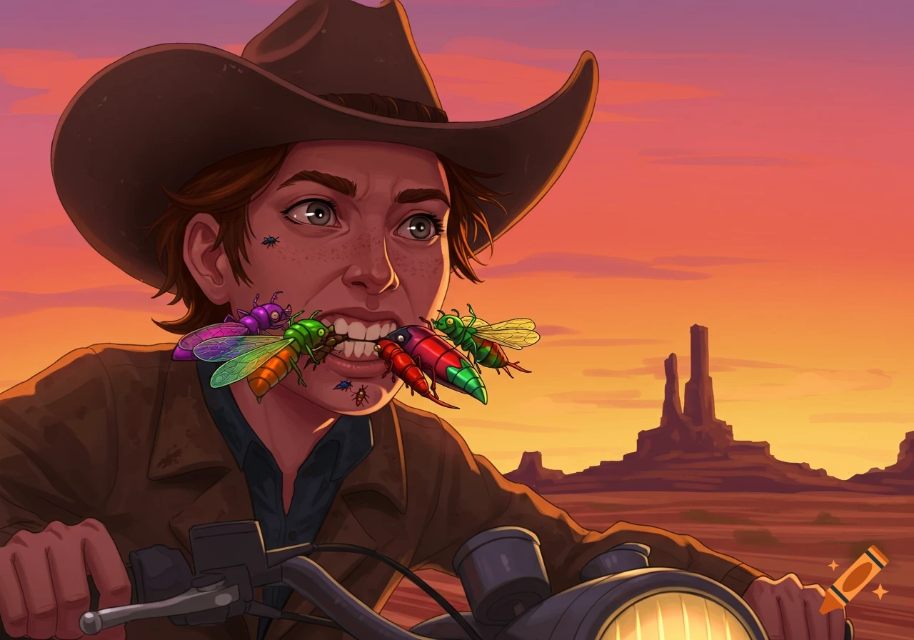 A stylized illustration of a cowboy riding a motorcycle with colorful insects in his mouth against a desert sunset.