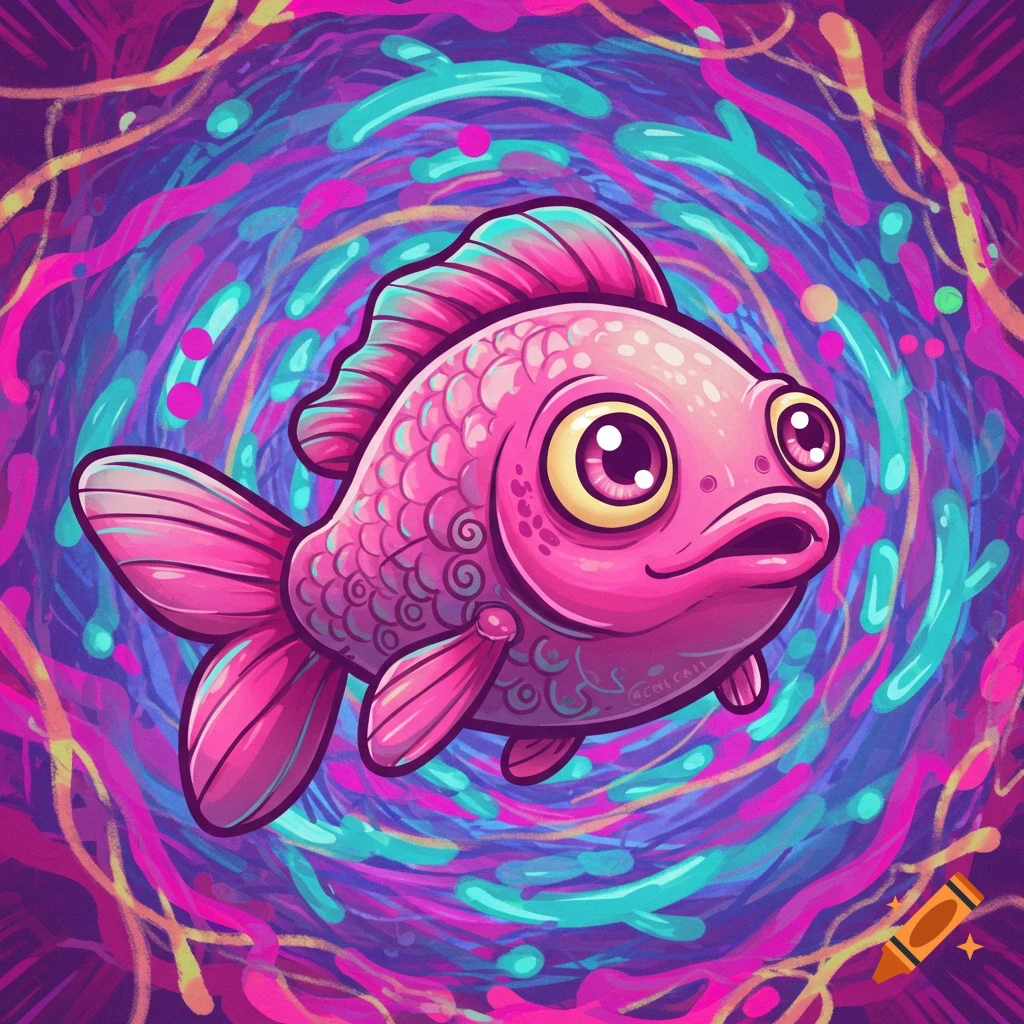 A cute pink cartoon fish with big eyes swims in a swirling, vibrant psychedelic background of purple, pink, and blue.