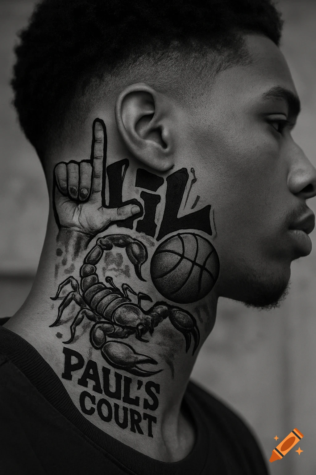 Black and white close-up portrait of a man with a large neck tattoo featuring a scorpion, a basketball, a hand 'L' sign, and 'LIL' and 'PAUL'S COURT' text.