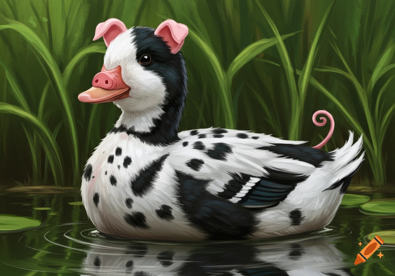 A cute duck with black and white spots, pink pig ears, a pig nose, and a curly pig tail swims in a pond.