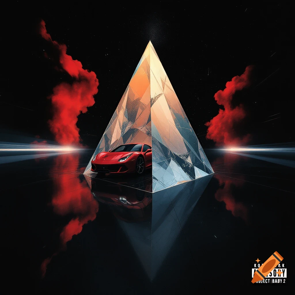 A red sports car sits in front of a large, faceted pyramidal prism on a dark, reflective surface under a starry sky, with red smoke plumes on either side.