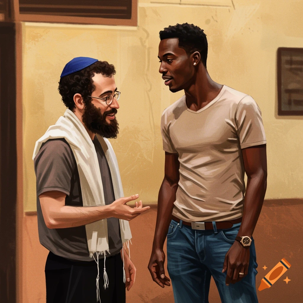An illustration of a Jewish man wearing a kippah and a Black man in a t-shirt and jeans having a conversation.