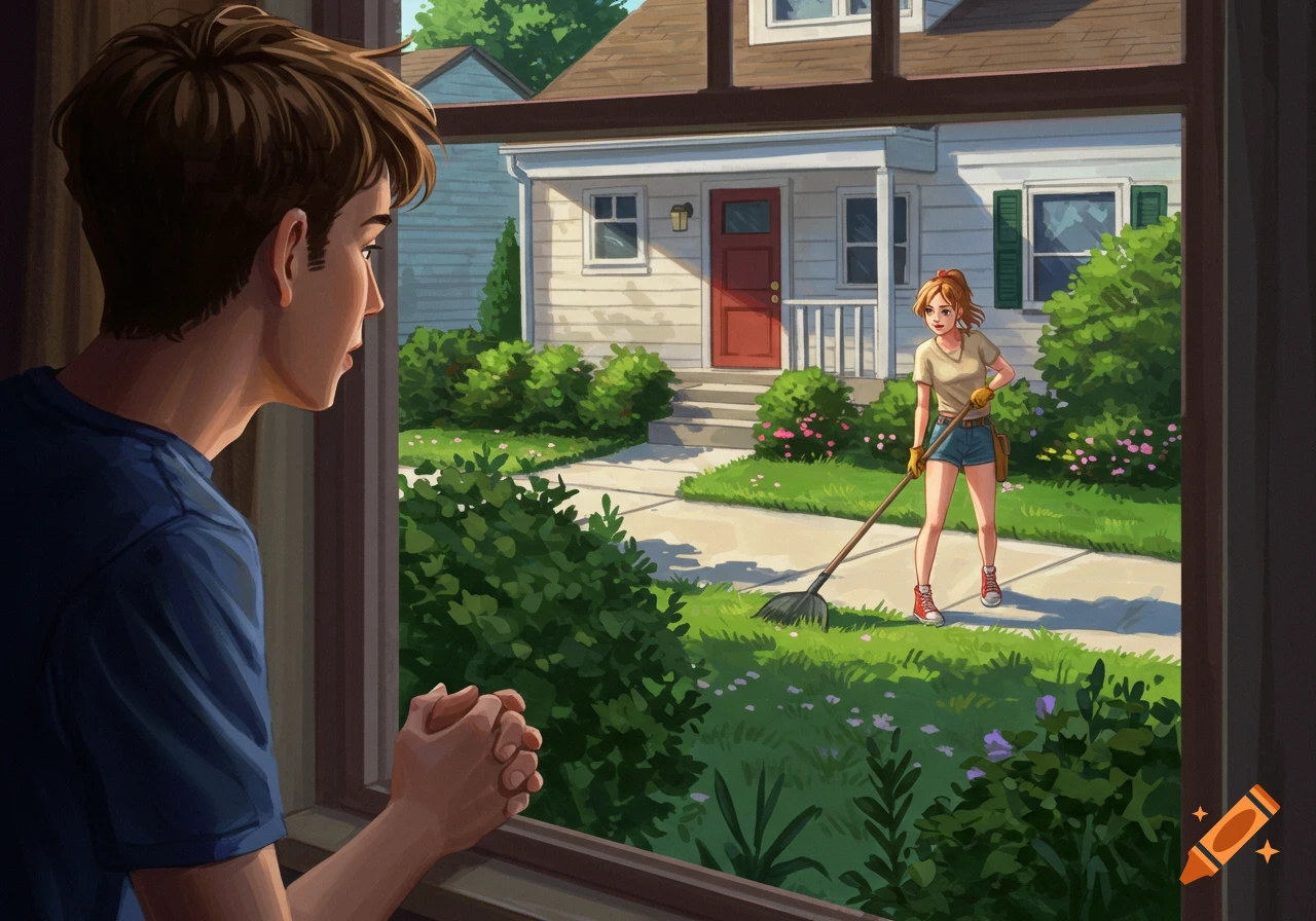 A young man looks out a window, watching a young woman in shorts doing yard work in front of a suburban house.