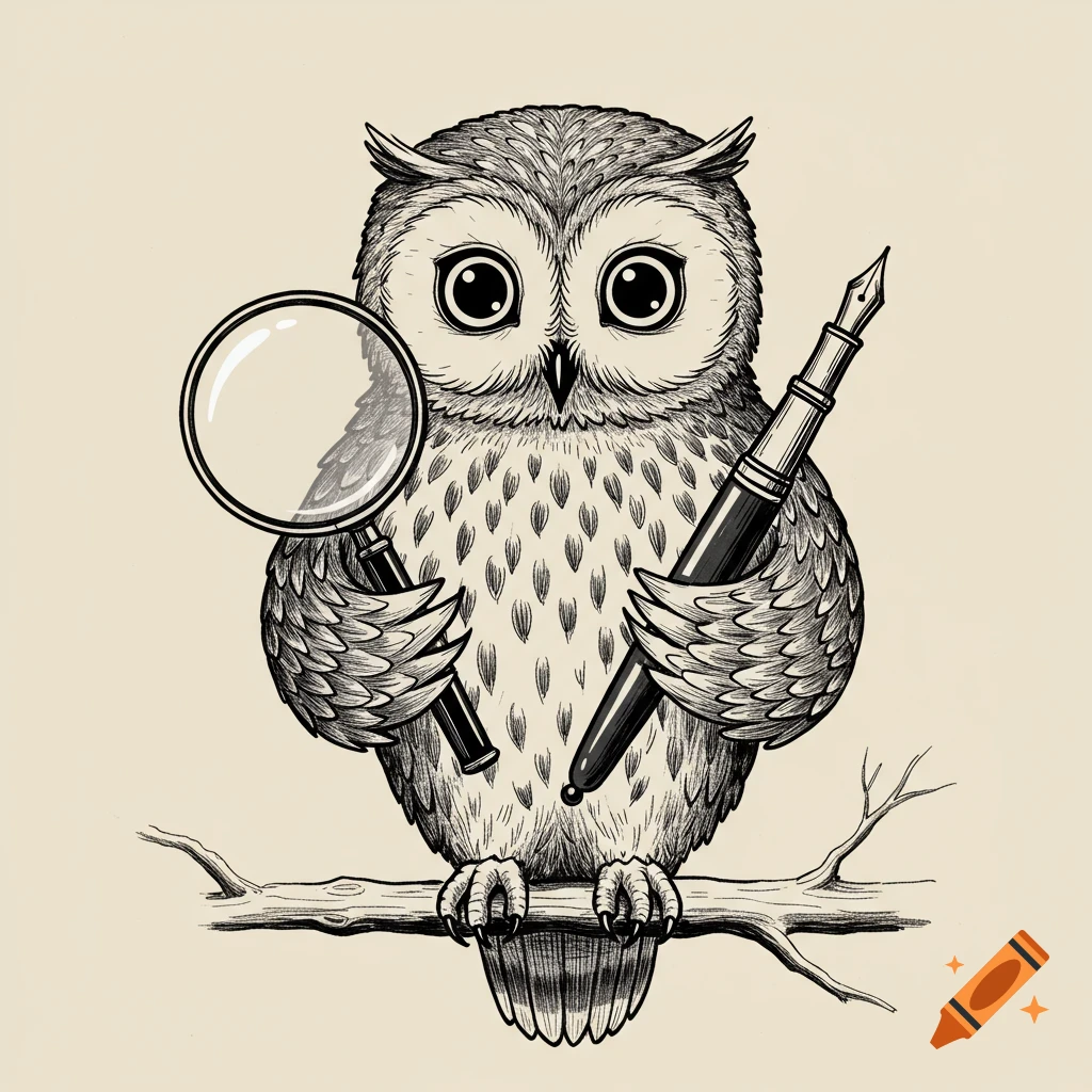 Monochrome illustration of an owl holding a magnifying glass and a fountain pen while perched on a tree branch.