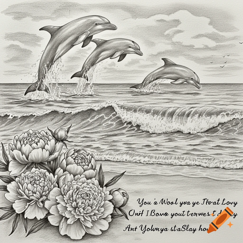 A pencil drawing showing three dolphins leaping out of ocean waves, with a bouquet of peonies in the foreground.