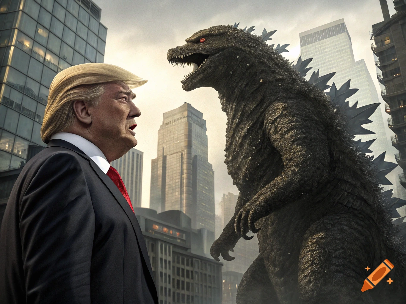 Donald Trump looks up at a giant Godzilla in a photorealistic city scene.