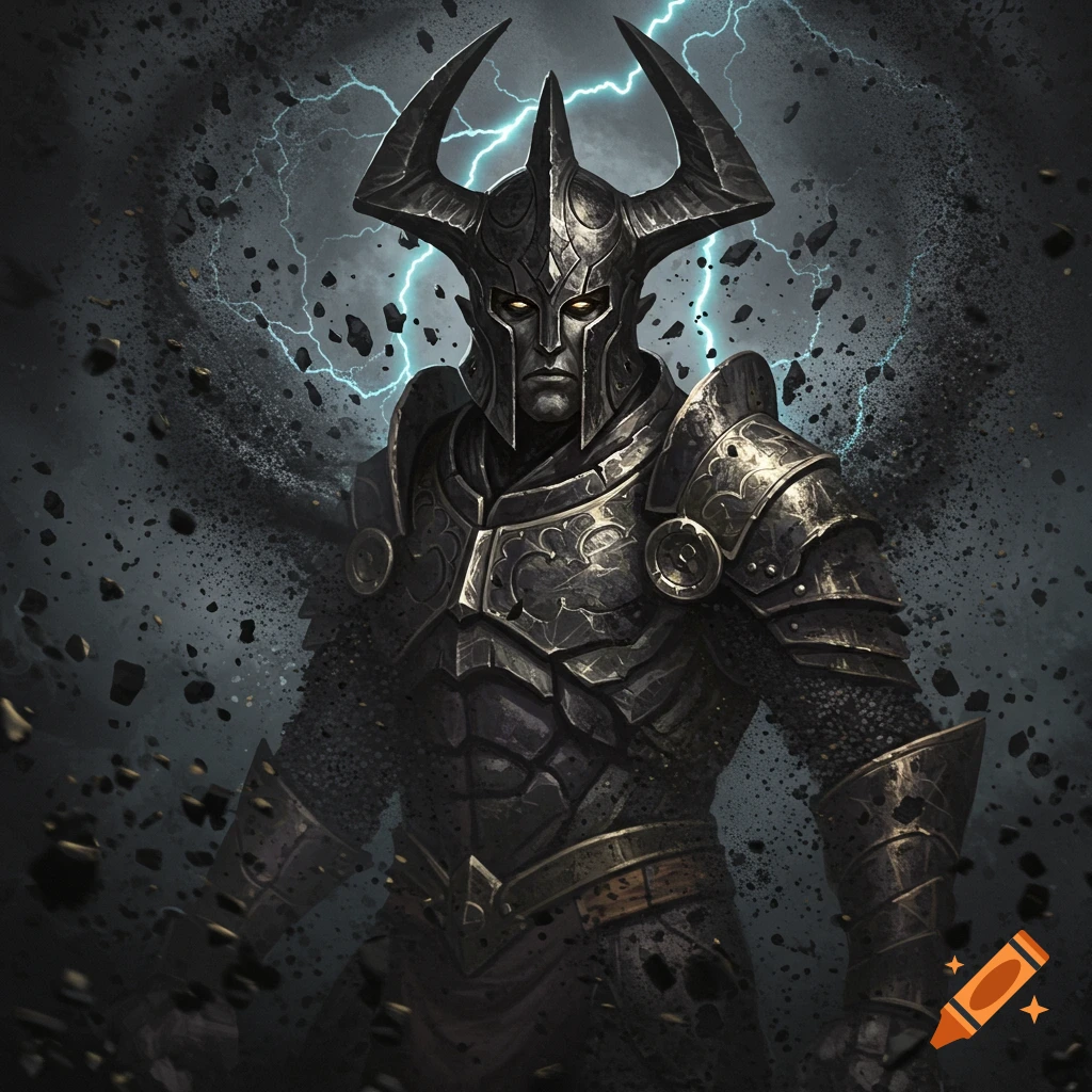 A powerful dark fantasy warrior in ornate iron armor and a horned ...