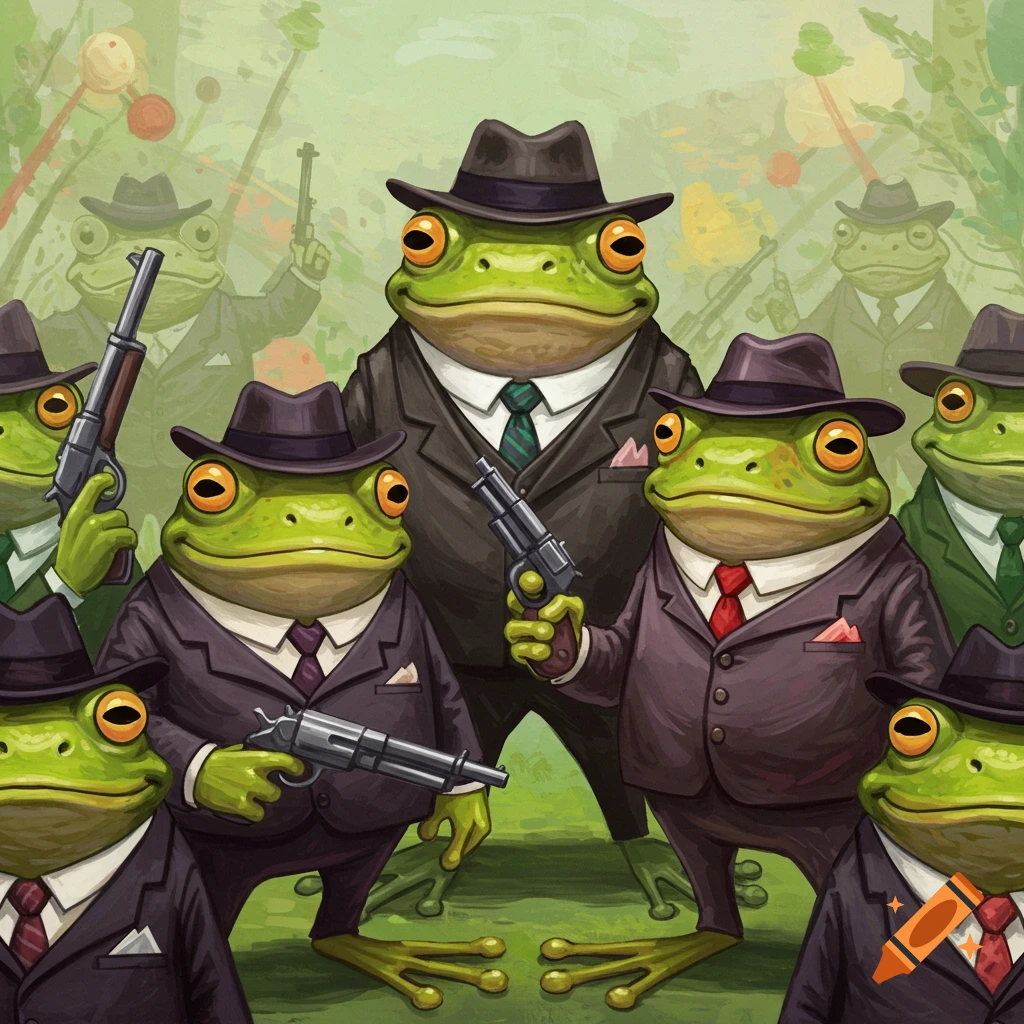 A group of cartoon frogs dressed in suits and fedora hats, some holding pistols and rifles, stand in a green outdoor setting.