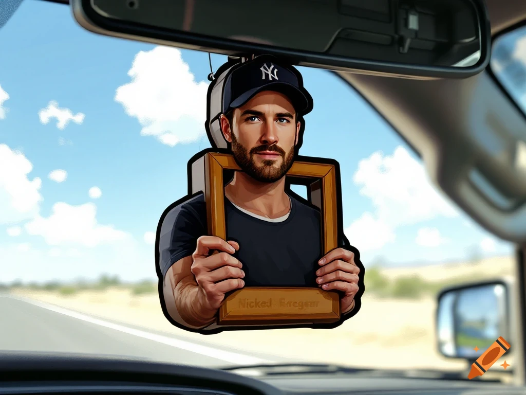 Cartoon air freshener of a man resembling Chad Kroeger in a baseball cap holding a frame, hanging from a car's rearview mirror.