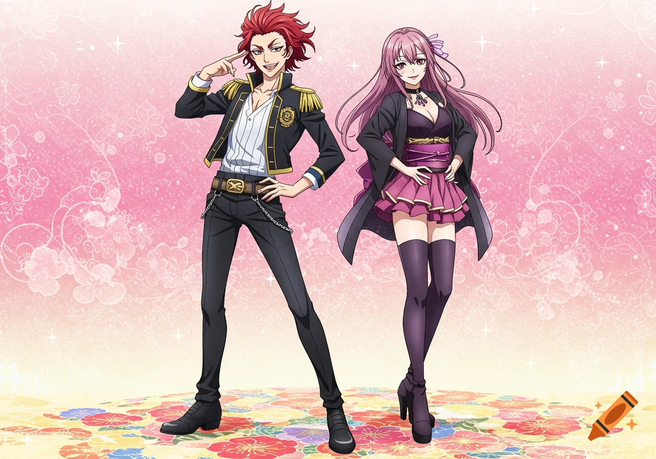 A male anime character with spiky red hair and a military-style jacket poses beside a female anime character with long pink hair in a black and pink outfit.