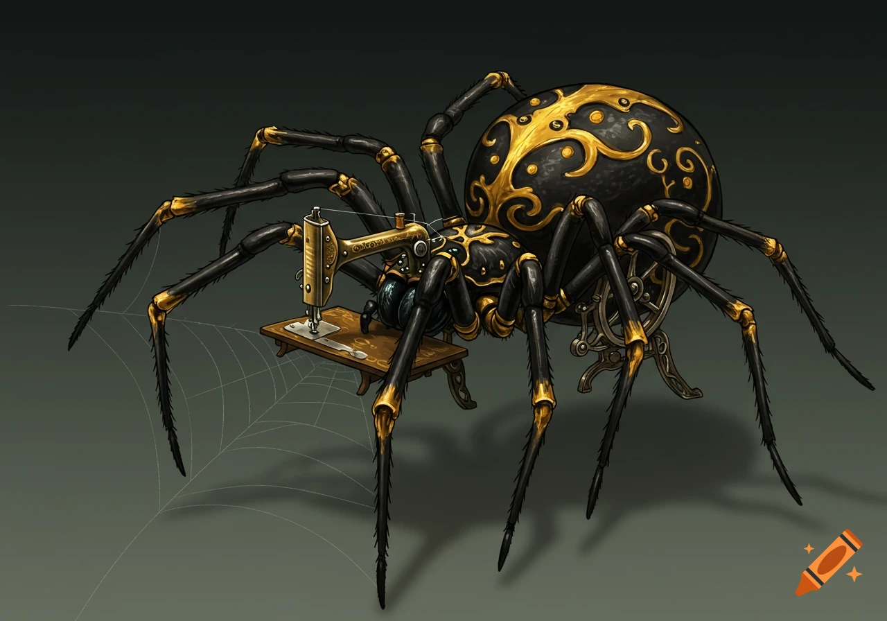 A detailed illustration of a black and gold biomechanic orb weaver spider with an antique sewing machine fused to its abdomen, set against a dark background.