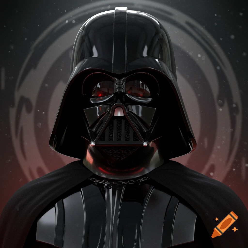 A detailed, realistic portrait of Darth Vader's helmet and chest armor against a dark, swirling background.