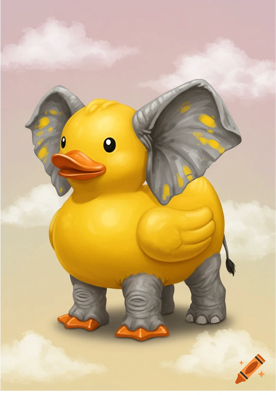 A yellow rubber duck with gray elephant ears, legs, and tail, and orange webbed duck feet stands under a pink sky with clouds.