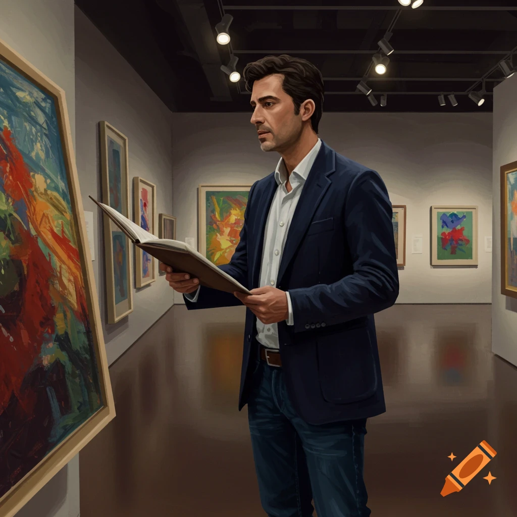 A man in a suit jacket and jeans holds a book while looking at abstract paintings in a brightly lit art gallery.