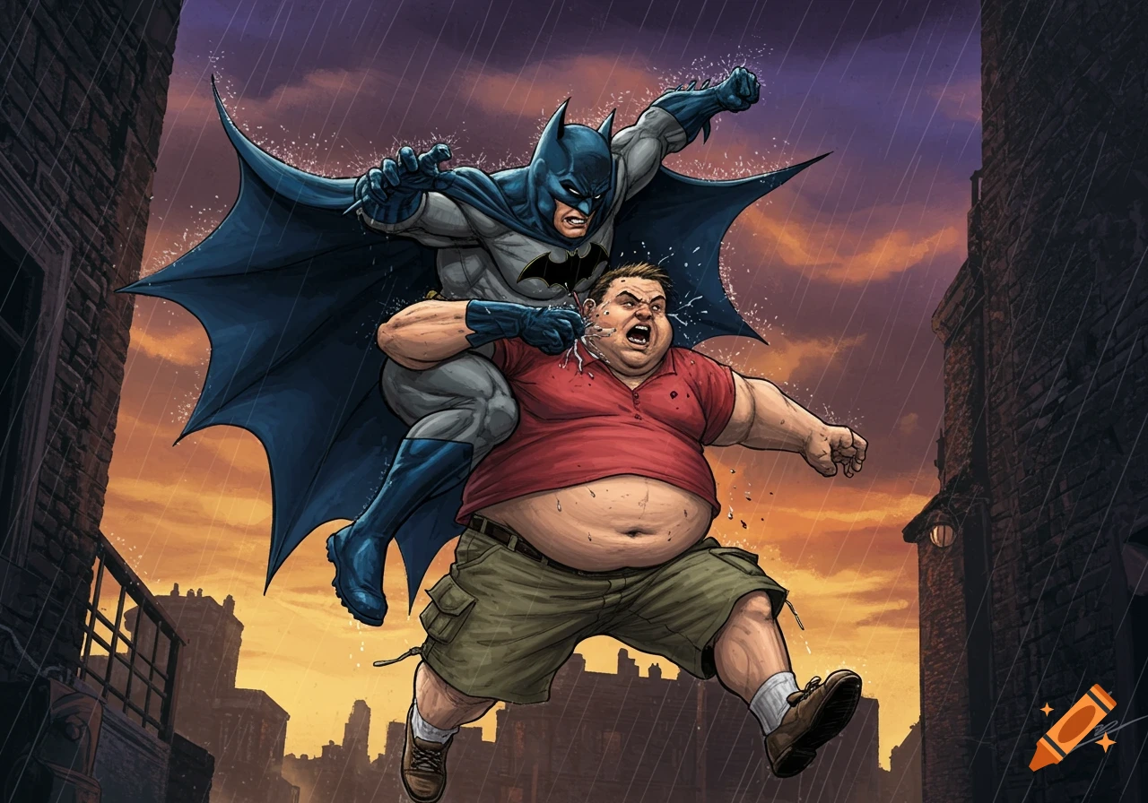 Batman fighting a large man in a red shirt and cargo shorts, throwing a punch in the rain, comic book style.