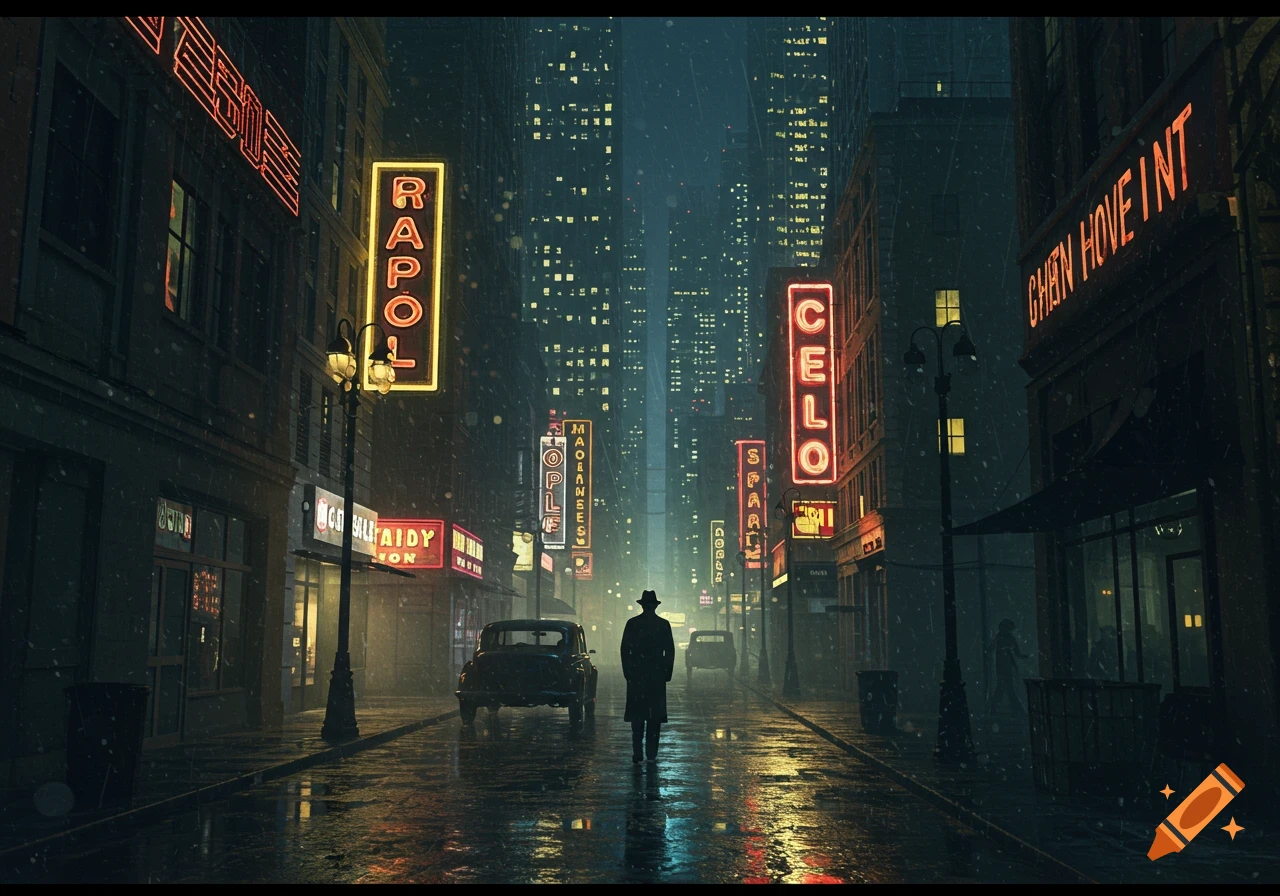A man in a trench coat and fedora walks down a dark, wet city street at ...