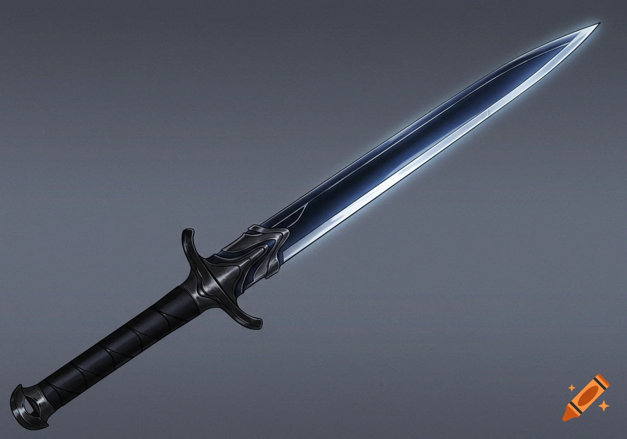 A stylized Wudao sword with a sleek black grip and a glowing dark blue blade, set against a dark gray background.