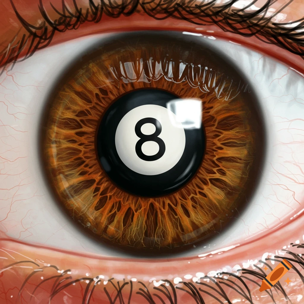 A close-up of a human eye with a brown iris, where the pupil is replaced by a black 8-ball with a white '8'. Detailed and photorealistic.