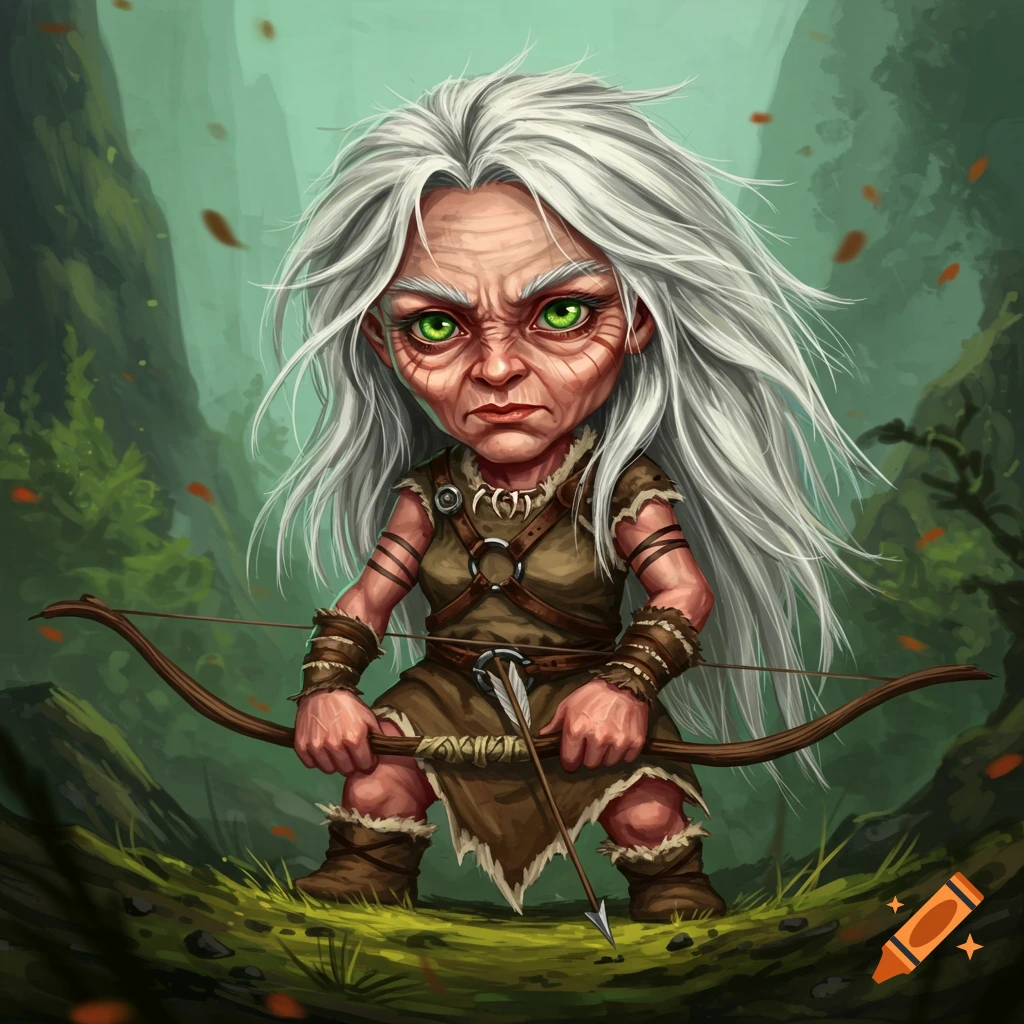 A stylized caricature of a small, stern old woman with white hair and green eyes, wearing skins and holding a bow in a forest.