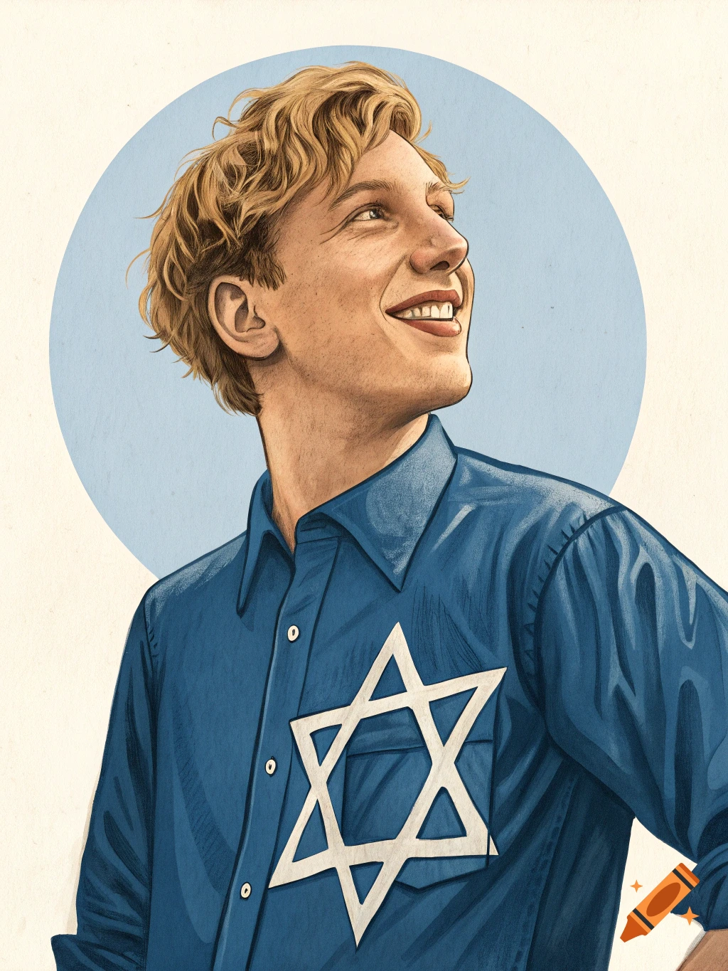 A smiling person with blonde hair wearing a blue shirt with a white Star of David on it, in an illustrated style.