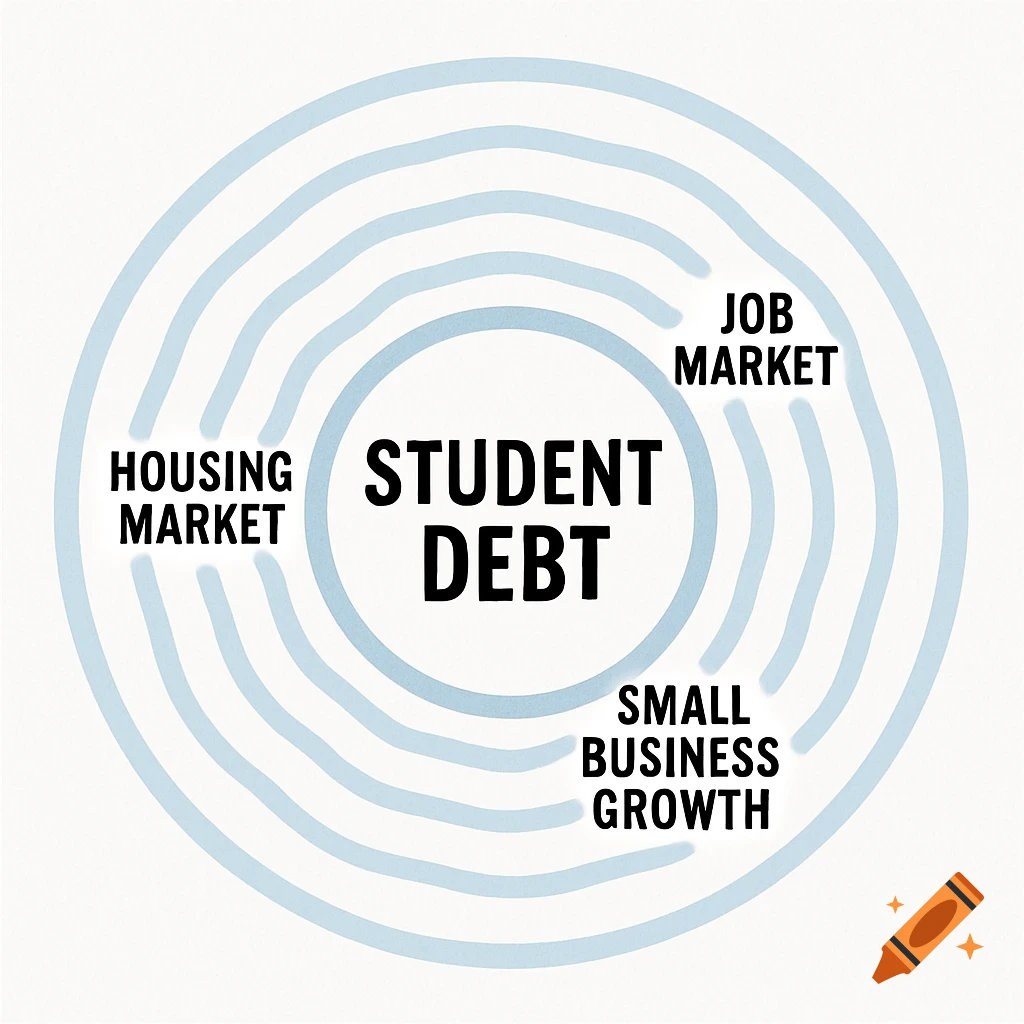 A ripple effect diagram showing student debt in the center, impacting housing market, job market, and small business growth.