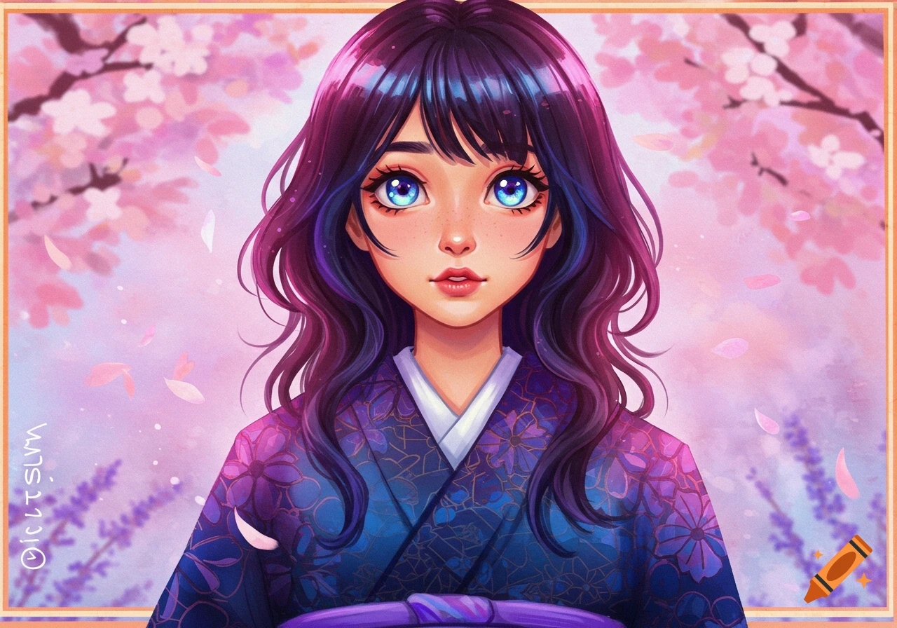 An anime-style portrait of a girl with dark hair and large blue eyes, wearing a purple kimono, with pink cherry blossoms in the background.