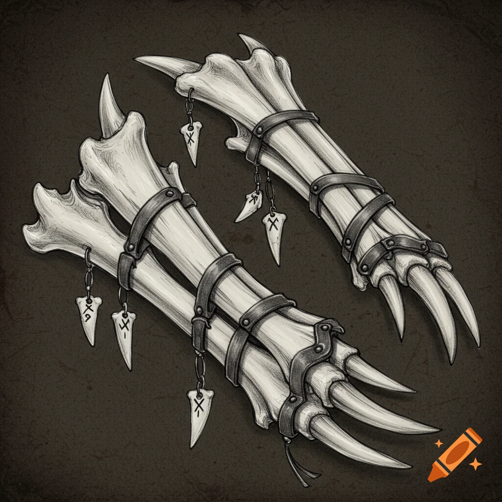 A pair of fantasy bone bracers with claws and dangling runic charms, in a sketch style.