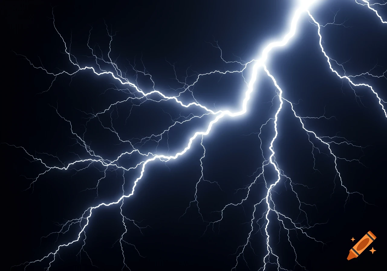 A bright white lightning bolt strikes across a dark, stormy sky.