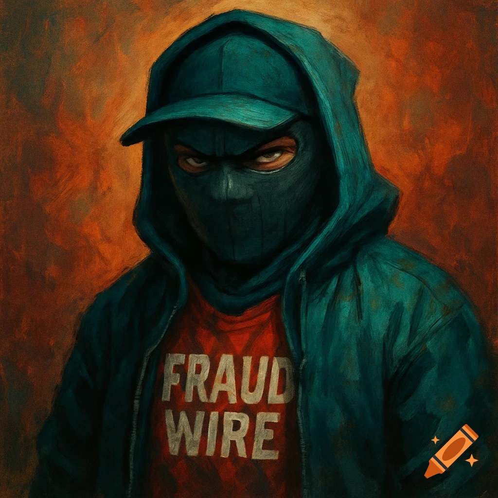 A masked figure in a teal hoodie and cap, wearing a red shirt with 'FRAUD WIRE' in a textured, painted style.