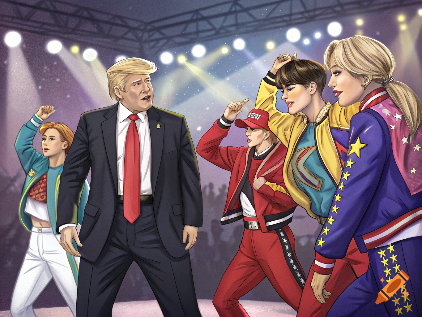 An illustration depicts Donald Trump on a stage, surrounded by figures resembling K-pop idols in colorful, stylized outfits. Spotlight shines on the stage.